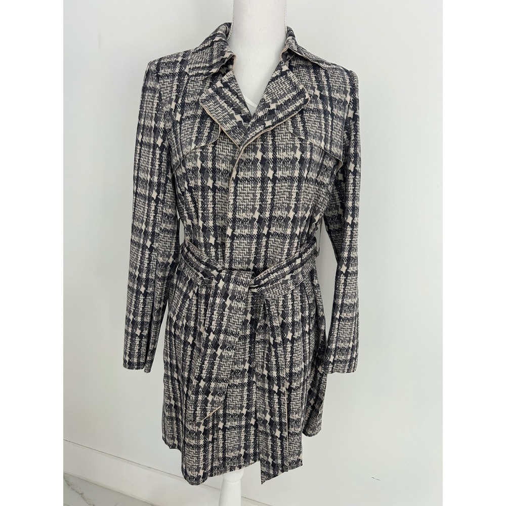 Solitaire Women Grey Black Plaid Belted Trench Coat Jacket Small 20 Professional
